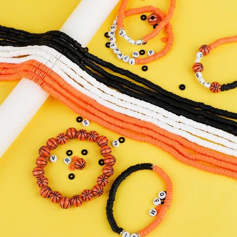 4200 Pcs Basketball Clay Beads Bracelet Making Kit, 12 Strands Black/White/Orange Clay Beads 100 Letter Number Bead 120 Basketball Acrylic with Gold Spacers, Friendship Bracelet Kit for Sport Parties in Saudi Arabia