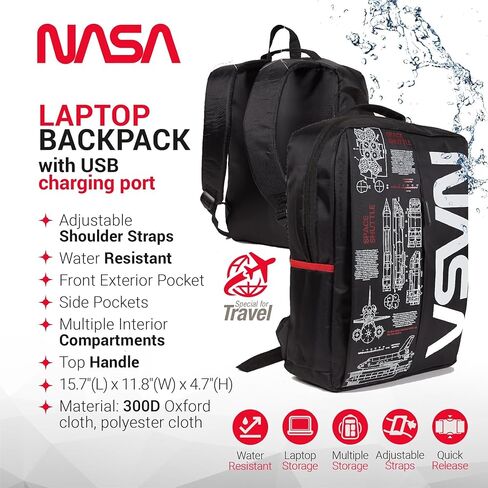 حقيبة ظهر للكمبيوتر المحمول NASA للنساء والرجال من CJ TECH - حقيبة كمبيوتر محمول مقاس 15 بوصة مع منفذ USB وتصميم أنيق - حقيبة ظهر للسفر مقاومة للماء مع أشرطة قابلة للتعديل (أسود) in Saudi Arabia