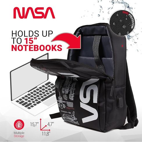 حقيبة ظهر للكمبيوتر المحمول NASA للنساء والرجال من CJ TECH - حقيبة كمبيوتر محمول مقاس 15 بوصة مع منفذ USB وتصميم أنيق - حقيبة ظهر للسفر مقاومة للماء مع أشرطة قابلة للتعديل (أسود) in Saudi Arabia