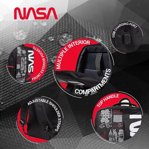 حقيبة ظهر للكمبيوتر المحمول NASA للنساء والرجال من CJ TECH - حقيبة كمبيوتر محمول مقاس 15 بوصة مع منفذ USB وتصميم أنيق - حقيبة ظهر للسفر مقاومة للماء مع أشرطة قابلة للتعديل (أسود) in Saudi Arabia