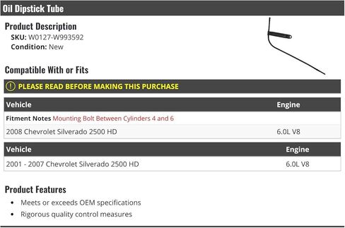 Oil Dipstick Tube - Compatible with 2001-2008 Chevy Silverado 2500 HD 6.0L V8 in Saudi Arabia
