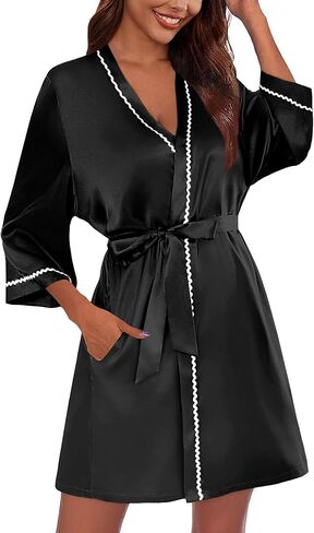 Ekouaer Women's Satin Robe Short Bridesmaid Bride Feather Bridal Robe Kimono Silky Long Sleeve Bathrobe S-XXL in Kuwait