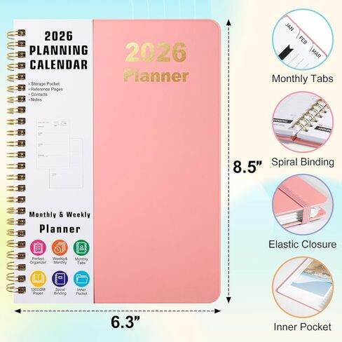 مخطط Timart 2026، مخطط أسبوعي وشهري، يناير 2026 - ديسمبر 2026 كتاب جدول الأعمال، غلاف فني 2026 كتاب مخطط التقويم مع علامات التبويب، جيب داخلي للنساء، مثالي للوازم المنزلية المدرسية المكتبية، A5 (6.3 بوصة × 8.5 بوصة)-وردي in Kuwait