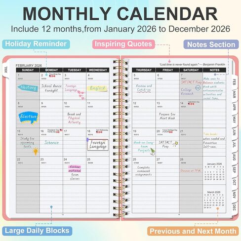 مخطط Timart 2026، مخطط أسبوعي وشهري، يناير 2026 - ديسمبر 2026 كتاب جدول الأعمال، غلاف فني 2026 كتاب مخطط التقويم مع علامات التبويب، جيب داخلي للنساء، مثالي للوازم المنزلية المدرسية المكتبية، A5 (6.3 بوصة × 8.5 بوصة)-وردي in Kuwait