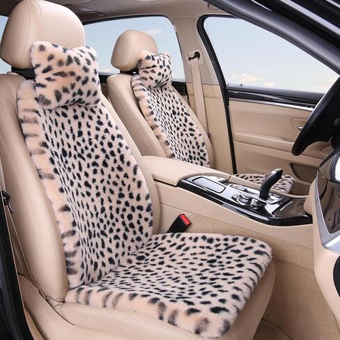 6PC Plush Leopard Car Front Seat Cover for Women, Non-Slip Automotive Seat Covers with 2 Neck Pillows, Universal Fit for Car Truck SUV Interior Cover, Fluffy Car Seat Cushion, Beige in Saudi Arabia