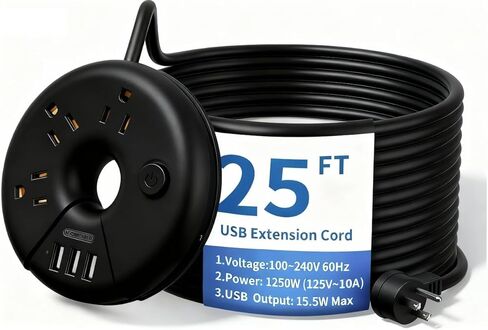 NTONPOWER Flat Extension Cord 3Feet, Travel Extension Cord with 3 USB Ports, Black Power Strip Flat Plug, On/Off Switch, Flat Outlet Extender for Home, Dorm, Hotel, Cruise Ship Essentials in Saudi Arabia
