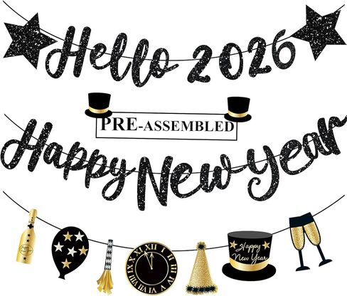 Happy New Year Banner 2026 Black Glitter Pre-Strung Hello 2026 &Happy New Years sign New Year Eve Banner for Happy New Year Decorations 2026 NYE Party Supplies in Saudi Arabia