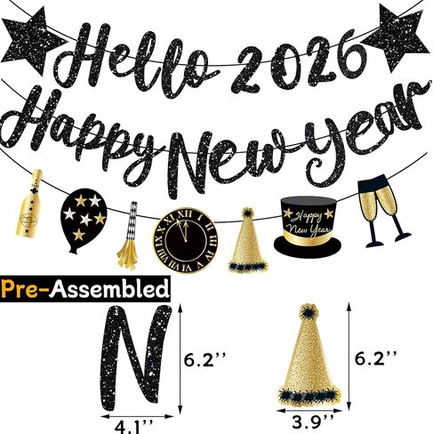 Happy New Year Banner 2026 Black Glitter Pre-Strung Hello 2026 &Happy New Years sign New Year Eve Banner for Happy New Year Decorations 2026 NYE Party Supplies in Saudi Arabia