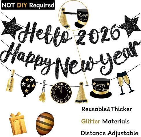 Happy New Year Banner 2026 Black Glitter Pre-Strung Hello 2026 &Happy New Years sign New Year Eve Banner for Happy New Year Decorations 2026 NYE Party Supplies in Saudi Arabia