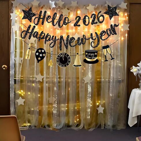 Happy New Year Banner 2026 Black Glitter Pre-Strung Hello 2026 &Happy New Years sign New Year Eve Banner for Happy New Year Decorations 2026 NYE Party Supplies in Saudi Arabia