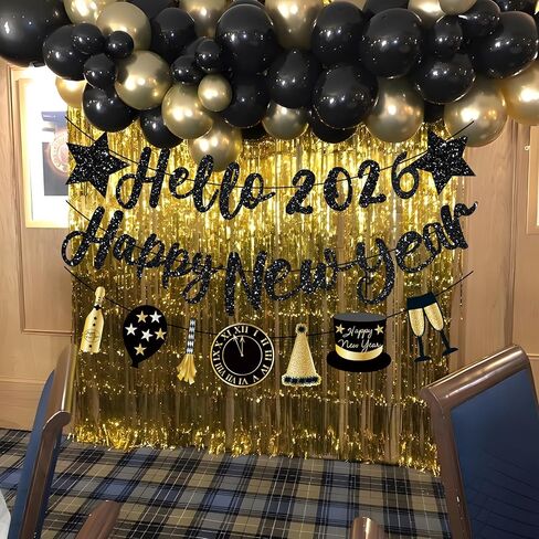 Happy New Year Banner 2026 Black Glitter Pre-Strung Hello 2026 &Happy New Years sign New Year Eve Banner for Happy New Year Decorations 2026 NYE Party Supplies in Saudi Arabia
