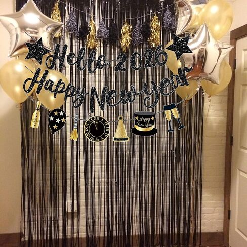 Happy New Year Banner 2026 Black Glitter Pre-Strung Hello 2026 &Happy New Years sign New Year Eve Banner for Happy New Year Decorations 2026 NYE Party Supplies in Saudi Arabia