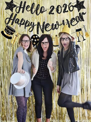 Happy New Year Banner 2026 Black Glitter Pre-Strung Hello 2026 &Happy New Years sign New Year Eve Banner for Happy New Year Decorations 2026 NYE Party Supplies in Saudi Arabia