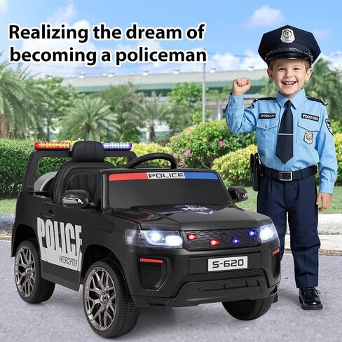 OLAKIDS Ride on Police Car, 12V Kids Battery Powered Electric Vehicle with Siren, Flashing Lights, Bluetooth, Music, MP3, USB, Power Display, Spring Suspension, Aged 3-8 Years (Black) in Saudi Arabia