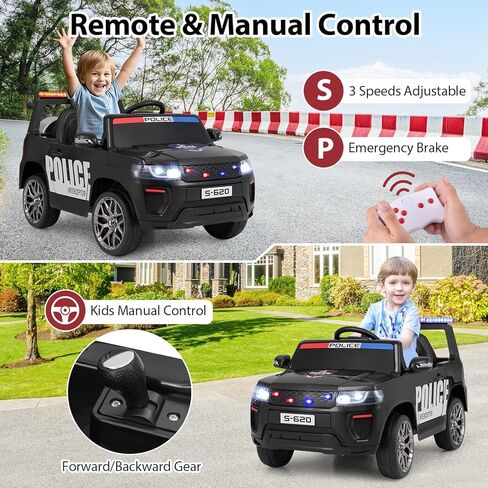 OLAKIDS Ride on Police Car, 12V Kids Battery Powered Electric Vehicle with Siren, Flashing Lights, Bluetooth, Music, MP3, USB, Power Display, Spring Suspension, Aged 3-8 Years (Black) in Saudi Arabia
