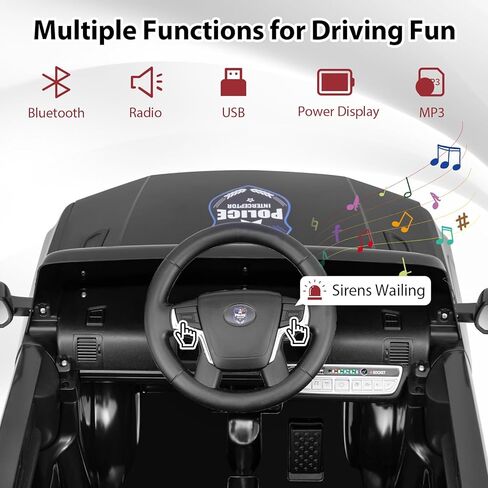 OLAKIDS Ride on Police Car, 12V Kids Battery Powered Electric Vehicle with Siren, Flashing Lights, Bluetooth, Music, MP3, USB, Power Display, Spring Suspension, Aged 3-8 Years (Black) in Saudi Arabia