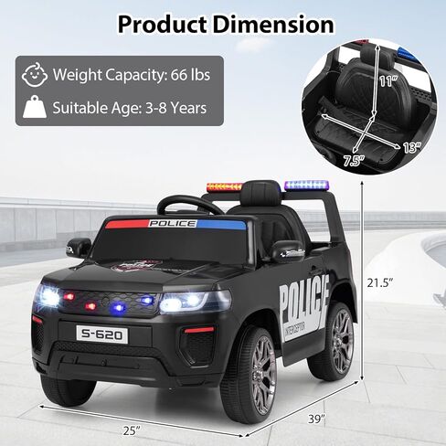 OLAKIDS Ride on Police Car, 12V Kids Battery Powered Electric Vehicle with Siren, Flashing Lights, Bluetooth, Music, MP3, USB, Power Display, Spring Suspension, Aged 3-8 Years (Black) in Saudi Arabia