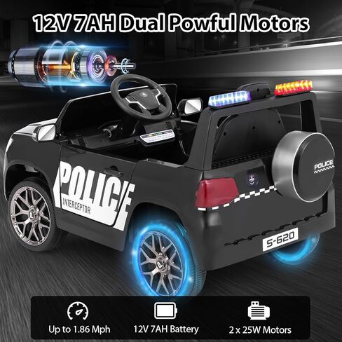 OLAKIDS Ride on Police Car, 12V Kids Battery Powered Electric Vehicle with Siren, Flashing Lights, Bluetooth, Music, MP3, USB, Power Display, Spring Suspension, Aged 3-8 Years (Black) in Saudi Arabia