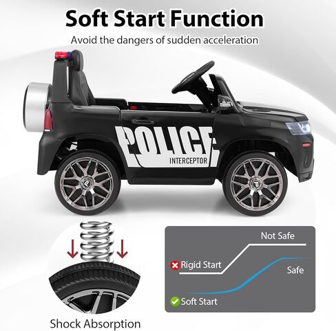 OLAKIDS Ride on Police Car, 12V Kids Battery Powered Electric Vehicle with Siren, Flashing Lights, Bluetooth, Music, MP3, USB, Power Display, Spring Suspension, Aged 3-8 Years (Black) in Saudi Arabia