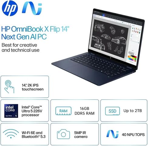 HP OmniBook X Flip 14 2-in-1 Laptop, Laptop Touchscreen 14" WUXGA IPS, Intel 8-core Ultra 5 226V, Intel Arc 130V GPU, 16GB RAM 512GB SSD, Thunderbolt 4, Windows 11 Home with Stylus Pen in Saudi Arabia