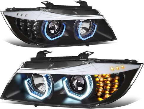 Auto Dynasty LED Halo Headlights Assembly Compatible with 2009-2012 BMW E90 323i 335d 325i 328i Sedan, Left and Right Side, 3D Crystal Blue U-Halo, Projector Low Beam, LED Turn Signal, Black Housing in Kuwait