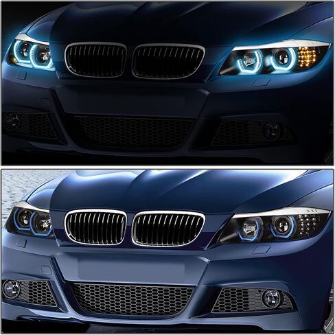 Auto Dynasty LED Halo Headlights Assembly Compatible with 2009-2012 BMW E90 323i 335d 325i 328i Sedan, Left and Right Side, 3D Crystal Blue U-Halo, Projector Low Beam, LED Turn Signal, Black Housing in Kuwait