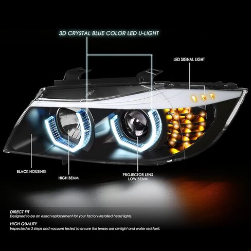 Auto Dynasty LED Halo Headlights Assembly Compatible with 2009-2012 BMW E90 323i 335d 325i 328i Sedan, Left and Right Side, 3D Crystal Blue U-Halo, Projector Low Beam, LED Turn Signal, Black Housing in Kuwait