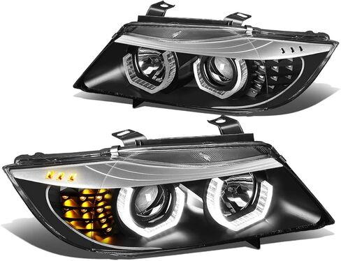 مجموعة المصابيح الأمامية هالو LED من Auto Dynasty متوافقة مع 2009-2012 BMW E90 323i 335d 325i 328i سيدان، الجانب الأيسر والأيمن، 3D Crystal Blue U-Halo، شعاع منخفض لجهاز العرض، إشارة الانعطاف LED، غلاف أسود in Saudi Arabia