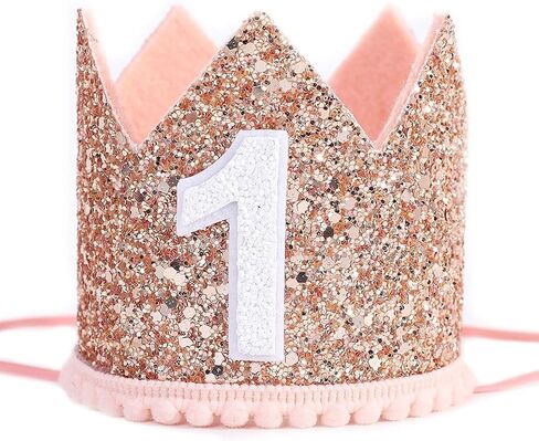 Rose Gold 1st Birthday Crown, First Glitter Crown Hat for Baby's 1st Birthday Party Photo Booth Props Girl or Boy Baby Shower Decor in Saudi Arabia