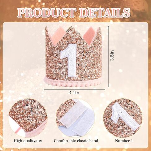 Rose Gold 1st Birthday Crown, First Glitter Crown Hat for Baby's 1st Birthday Party Photo Booth Props Girl or Boy Baby Shower Decor in Saudi Arabia