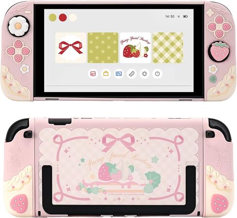 حافظة واقية من GeekShare لجهاز Switch OLED رفيع الغطاء متوافق مع Nintendo Switch OLED، غلاف حماية من السيليكون الناعم قابل للفصل لجهاز Joy Con مع 2 غطاء لمقبض الإبهام - فراولة الربيع in Kuwait