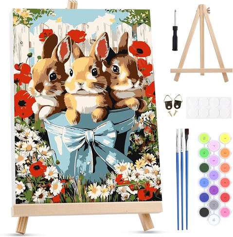 MXJSUA Easter Framed Paint by Numbers for Adults Beginners, Easy Adults' Paint-by-Number Kits on Canvas with Easel, Cute Bunnies Acrylic Number Painting Crafts Kits Gifts for Home Decor, 8x12inch in Saudi Arabia