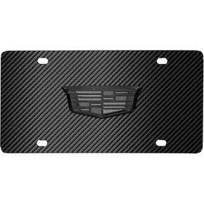 iPick Image for Cadillac 3D Crest Logo in Gunmetal Dark Gray on Black Carbon Fiber Pattern Stainless Steel License Plate - Official Licensed in Saudi Arabia