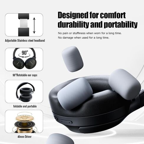 Active Noise Cancelling Headphones, Over Ear Headphones Wireless Bluetooth with Mic, 80H Playtime Bluetooth Headphones, Deep Bass Lightweight Comfortable Wireless Headphones for Travel, Home Office in Saudi Arabia