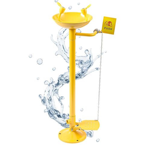 Eye Wash Station Pedestal Mounted Eyewash Station Adjustable Water Flow Hands Free Operation Eye Wash Units Stainless Steel Eye Washing Station with Dual Spray Heads and Pedal in Saudi Arabia