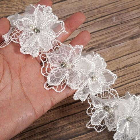 2 Yards 3D Flower Trim Beads Floral Lace Ribbon Embroidered Sewing Applique for DIY Wedding Dress Skirt (White) in Saudi Arabia