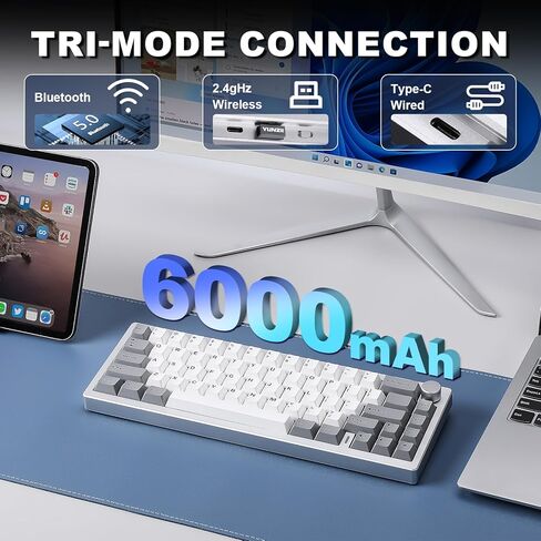 YUNZII AL68 Wireless Mechanical Keyboard 60%,QMK/VIA Aluminum Keyboard,Hot Swappable Custom Keyboard with Knob,Gasket Structure,RGB Backlit Gaming Keyboard for Mac/Windows (Silver, Milk V2) in Kuwait