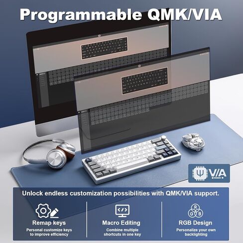 YUNZII AL68 Wireless Mechanical Keyboard 60%,QMK/VIA Aluminum Keyboard,Hot Swappable Custom Keyboard with Knob,Gasket Structure,RGB Backlit Gaming Keyboard for Mac/Windows (Silver, Milk V2) in Kuwait