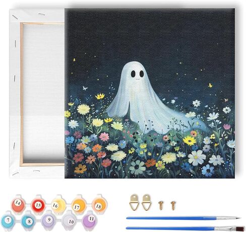 LOMSIOY Frame Paint by Number Kit for Adults, DIY Easy Halloween Ghost Oil Painting with Brushes, Hooks - Cat Framed Art Kits for Beginners - Suitable for Bedroom, Wall, Door Decor (8x8 Inch) in Kuwait