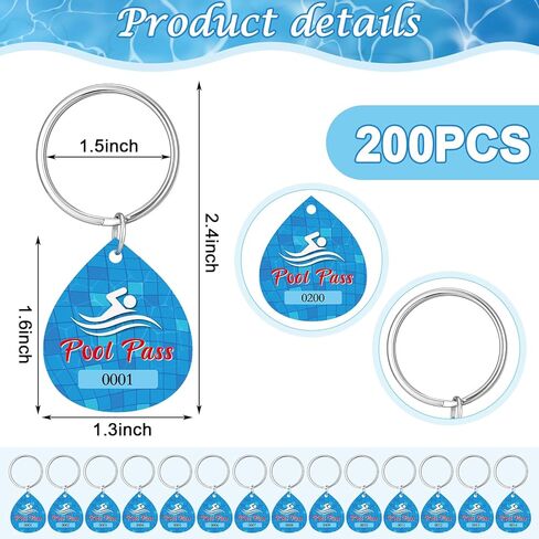 Honoson 100 Pcs Pool Pass Tags with Consecutive Numbers Water Drop Shape Pool Keychain with Ring (Modern) in Saudi Arabia