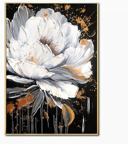 White Flower and Golden Leaf Wall Art for Living Room Hand Painted Floral Oil Painting on Canvas for Bedroom,Large Framed Artwork for Office Kitchen Wall Decor 24x56inch in Kuwait