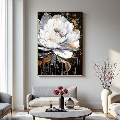 White Flower and Golden Leaf Wall Art for Living Room Hand Painted Floral Oil Painting on Canvas for Bedroom,Large Framed Artwork for Office Kitchen Wall Decor 24x56inch in Kuwait