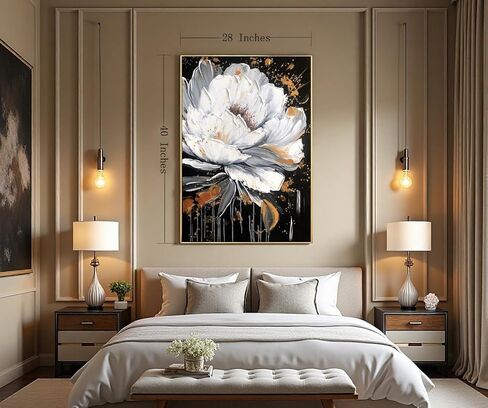 White Flower and Golden Leaf Wall Art for Living Room Hand Painted Floral Oil Painting on Canvas for Bedroom,Large Framed Artwork for Office Kitchen Wall Decor 24x56inch in Kuwait