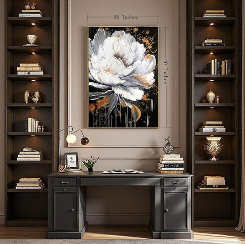 White Flower and Golden Leaf Wall Art for Living Room Hand Painted Floral Oil Painting on Canvas for Bedroom,Large Framed Artwork for Office Kitchen Wall Decor 24x56inch in Kuwait