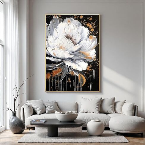 White Flower and Golden Leaf Wall Art for Living Room Hand Painted Floral Oil Painting on Canvas for Bedroom,Large Framed Artwork for Office Kitchen Wall Decor 24x56inch in Kuwait