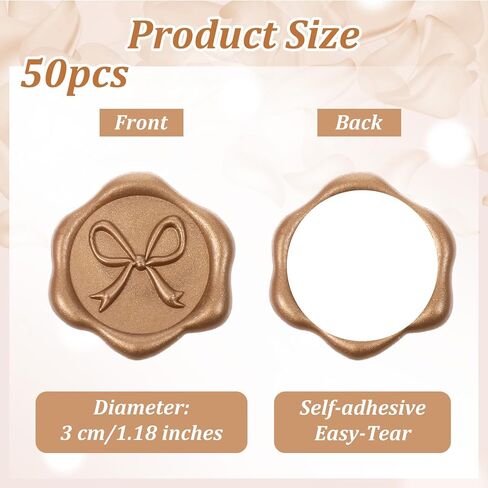 50 Pcs Bow Wax Seal Stickers Envelope Seal Stickers for Wedding 3D Self Adhesive Wax Stamp Sticker Decals for Invitation Baby Shower Greeting Cards Gift Wrapping(Gold) in Kuwait