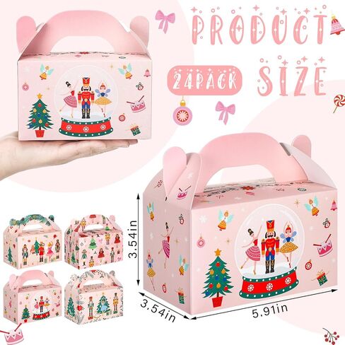 Honoson 24 Pcs Christmas Nutcracker Gifts Boxes with Handles Holiday Treat Boxes Printed Pink Ballerina for Xmas Party Decorations Winter Wedding Birthday Supplies in Saudi Arabia