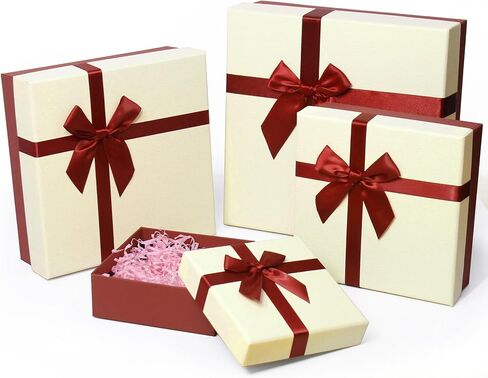 صندوق هدايا Giftilious للهدايا - مجموعة من 4 صناديق هدايا أنيقة مع أغطية، لمسة نهائية فاخرة وشريط من الساتان، صندوق هدايا مثالي لعيد الميلاد، جاهز للهدايا - لا يتطلب تجميعًا in Kuwait