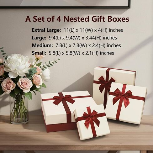صندوق هدايا Giftilious للهدايا - مجموعة من 4 صناديق هدايا أنيقة مع أغطية، لمسة نهائية فاخرة وشريط من الساتان، صندوق هدايا مثالي لعيد الميلاد، جاهز للهدايا - لا يتطلب تجميعًا in Kuwait