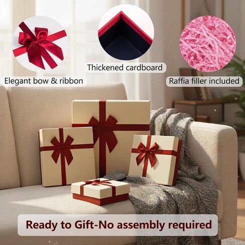 صندوق هدايا Giftilious للهدايا - مجموعة من 4 صناديق هدايا أنيقة مع أغطية، لمسة نهائية فاخرة وشريط من الساتان، صندوق هدايا مثالي لعيد الميلاد، جاهز للهدايا - لا يتطلب تجميعًا in Kuwait